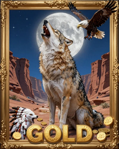 Wolf Gold Pragmatic Play Slot mit Wolf vor Vollmond und Canyon-Landschaft