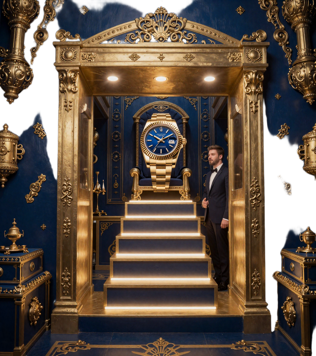 Magier pr&auml;sentiert VIP-Portal mit Rolex Sky-Dweller und 25 goldenen Stufen